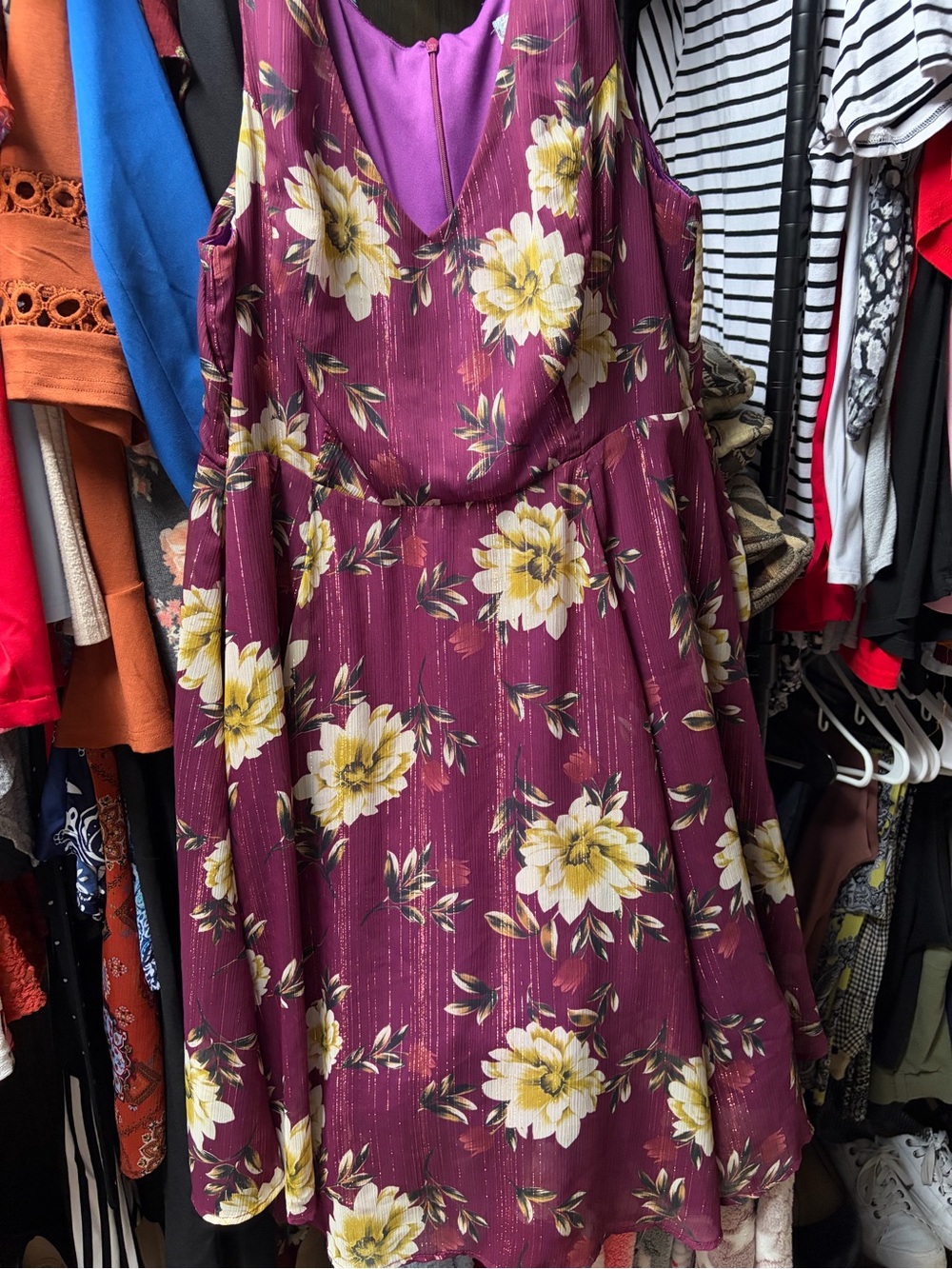 Sleeveless Midi Dress in Plum with Yellow Floral Print